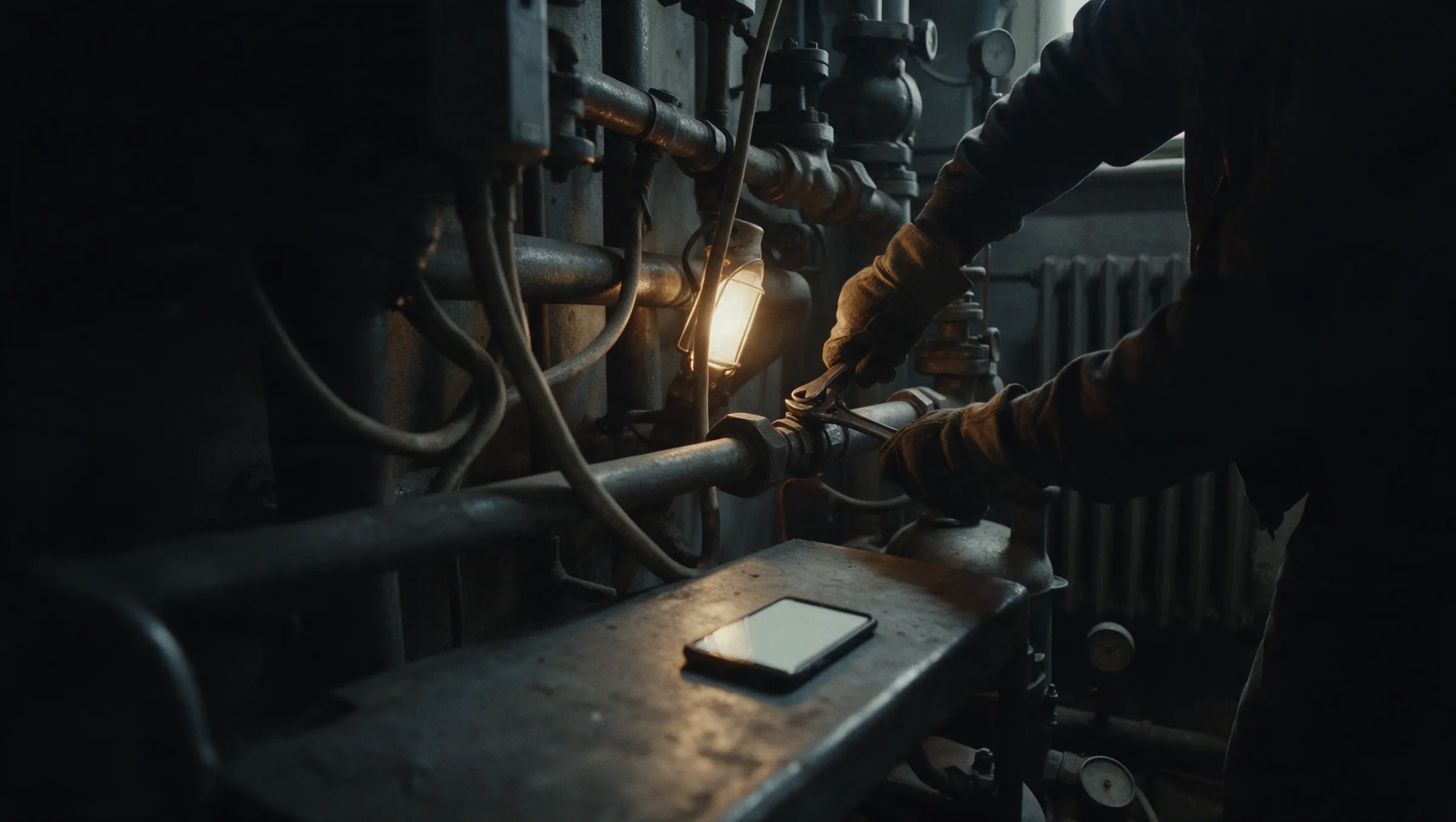 Gloved hands working on pipework while a phone lights up on the bench, ignored